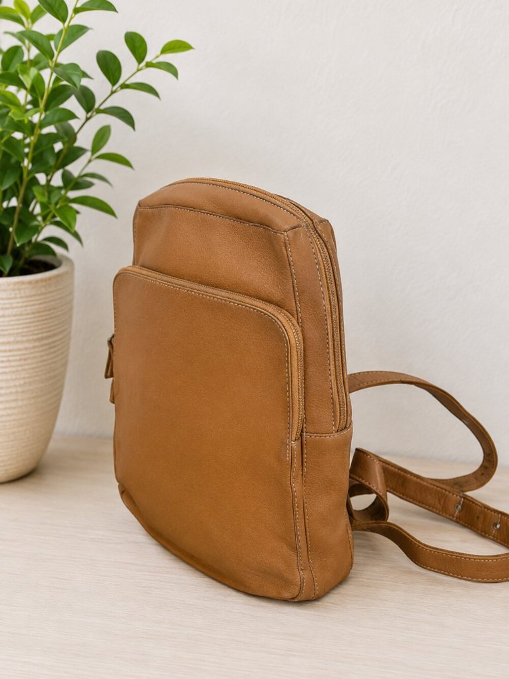 Perlina NY Camel Leather Backpack Vintage Korea Minimal Everyday Bag Travel